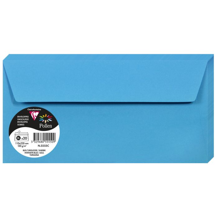 Clairefontaine Pollen Enveloppe couleur DL 110 x 220 mm 120g bande  auto-adhésive - Bleu turquoise - boîte de 20 - Enveloppes sans fenêtre
