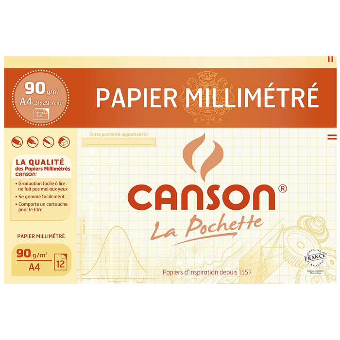 CANSON Lot de 12 Feuilles de Papier Millimétré à traits Marron