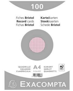 Fiches Bristol quadrillées sous film - 210 x 297 mm - Rose EXACOMPTA Lot de 100