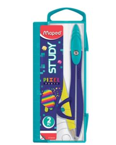 Coffret compas Study Pixel Party avec bague -  Bleu/Jaune MAPED