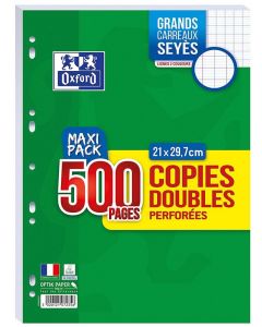 Photo OXFORD 400019172 : Lot de 500 pages - Copies doubles perforées Séyès - 210 x 297 mm